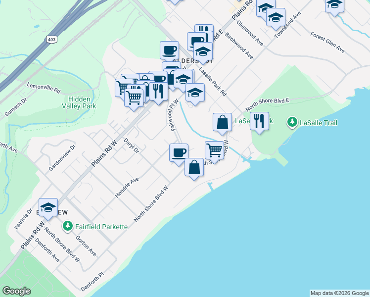 map of restaurants, bars, coffee shops, grocery stores, and more near 134 Fairwood Place West in Burlington