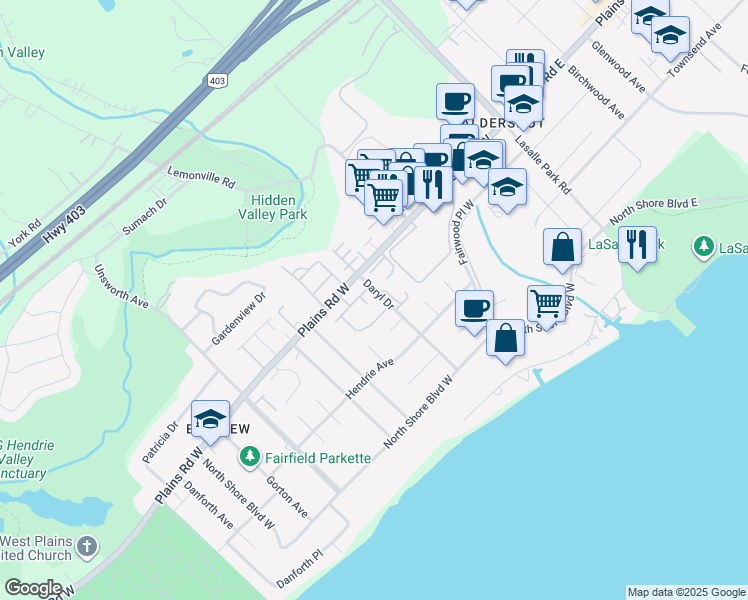 map of restaurants, bars, coffee shops, grocery stores, and more near 216 Plains Road West in Burlington