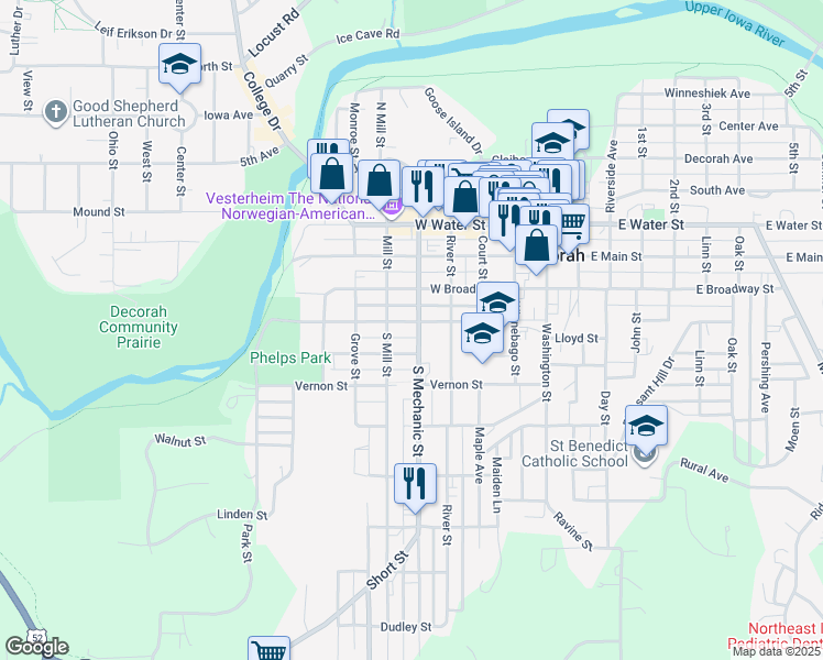 map of restaurants, bars, coffee shops, grocery stores, and more near 401 South Mechanic Street in Decorah