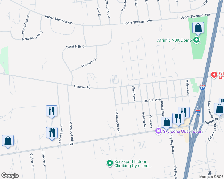 map of restaurants, bars, coffee shops, grocery stores, and more near 64 Minnesota Avenue in Queensbury