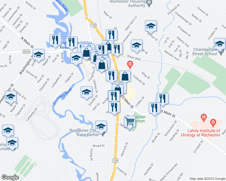 map of restaurants, bars, coffee shops, grocery stores, and more near 5 Academy Street in Rochester