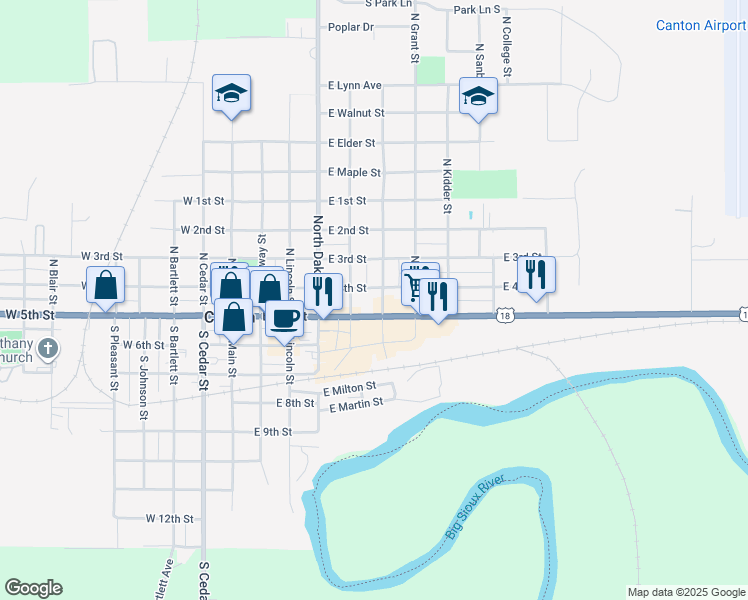 map of restaurants, bars, coffee shops, grocery stores, and more near 205 North Milwaukee Street in Canton