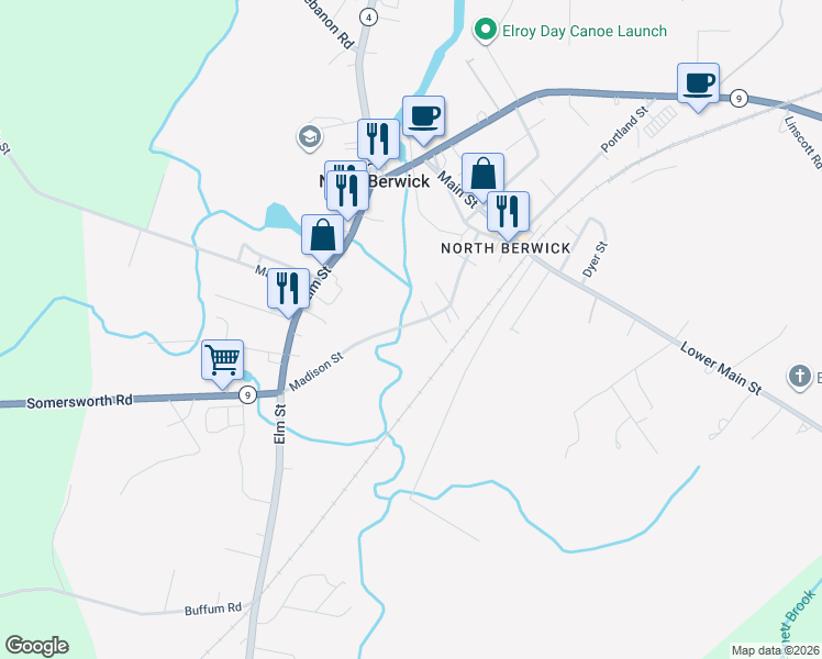 map of restaurants, bars, coffee shops, grocery stores, and more near 67 Madison Street in North Berwick