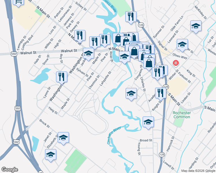 map of restaurants, bars, coffee shops, grocery stores, and more near 44 Lafayette Street in Rochester