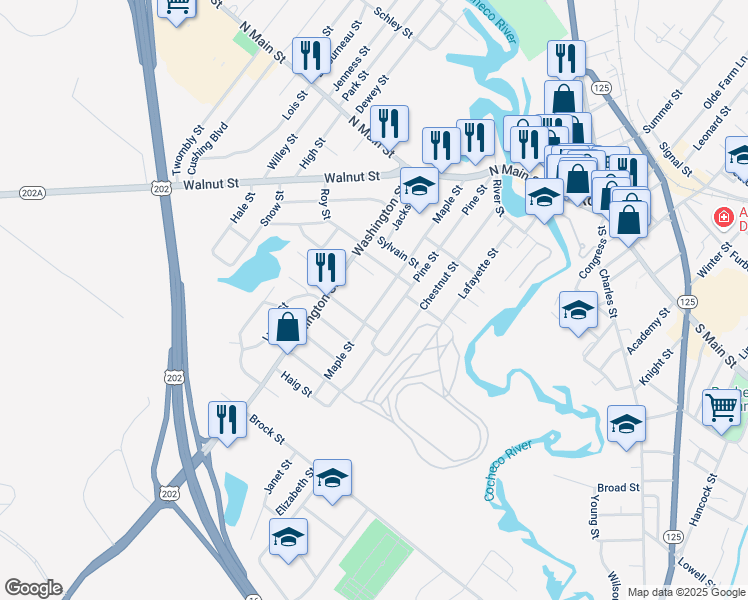 map of restaurants, bars, coffee shops, grocery stores, and more near 69 Maple Street in Rochester