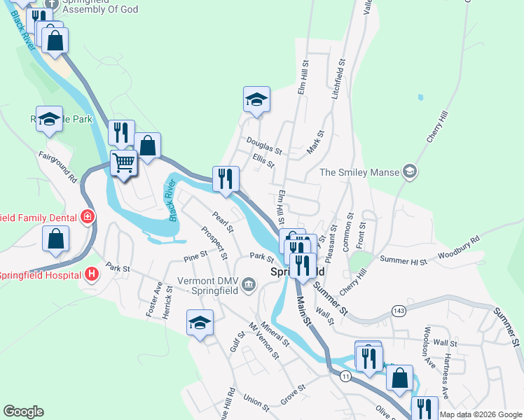 map of restaurants, bars, coffee shops, grocery stores, and more near 69 River Street in Springfield