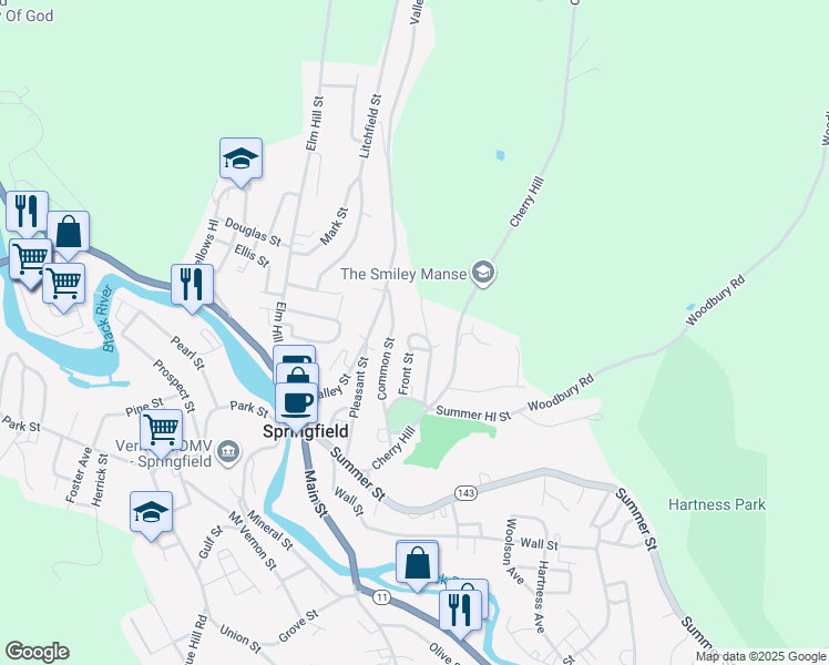 map of restaurants, bars, coffee shops, grocery stores, and more near 30 Orchard Street in Springfield