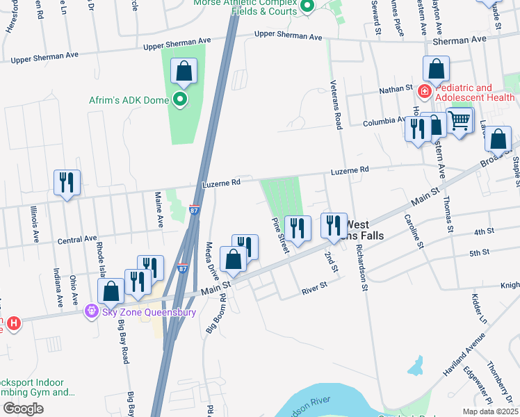 map of restaurants, bars, coffee shops, grocery stores, and more near 1 Balsam Drive in West Glens Falls