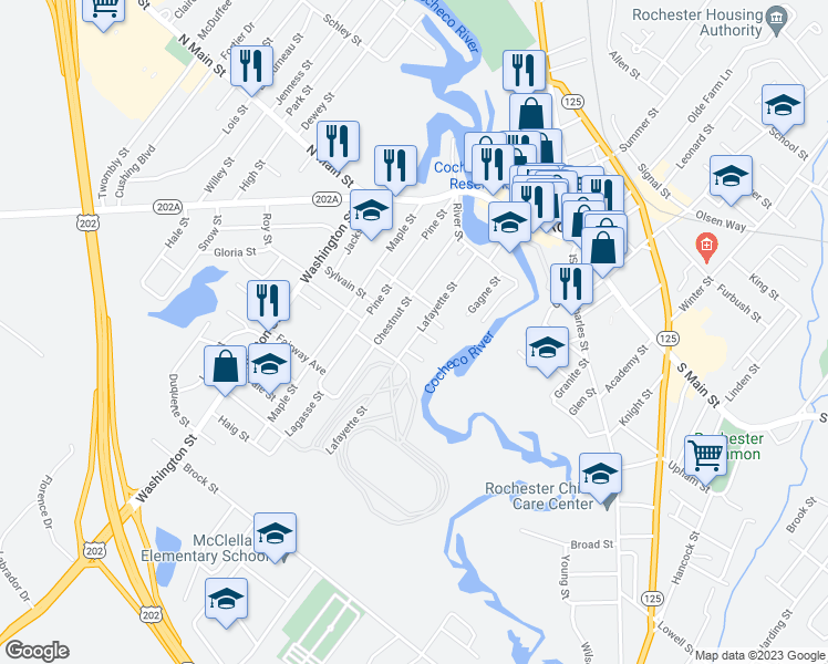 map of restaurants, bars, coffee shops, grocery stores, and more near 55 Lafayette Street in Rochester