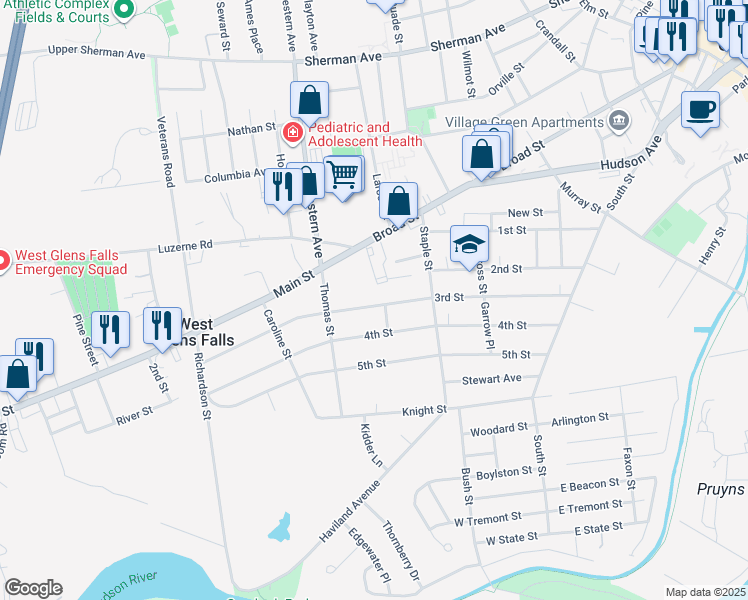 map of restaurants, bars, coffee shops, grocery stores, and more near 85 3rd Street in Glens Falls