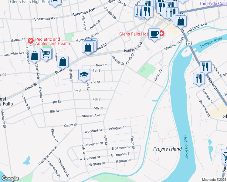 map of restaurants, bars, coffee shops, grocery stores, and more near 180 South Street in Glens Falls