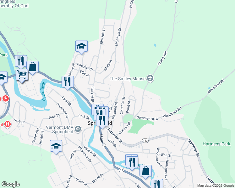 map of restaurants, bars, coffee shops, grocery stores, and more near 66 Valley Street in Springfield