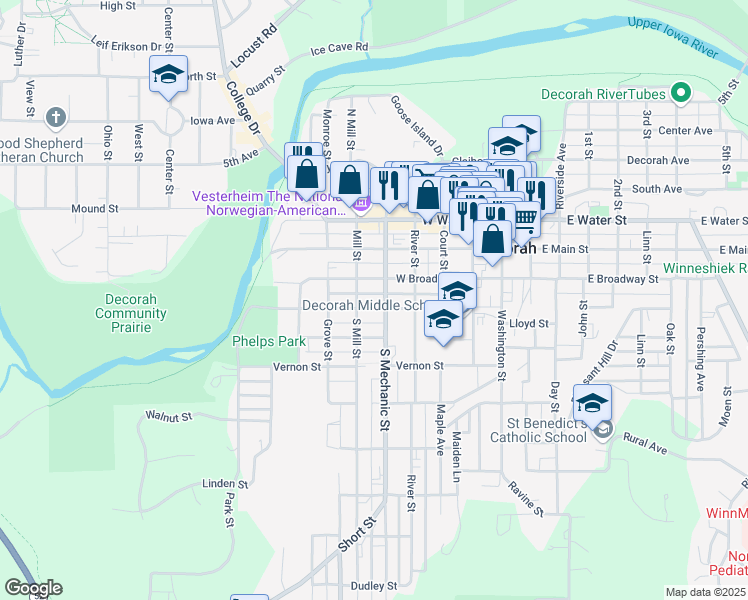 map of restaurants, bars, coffee shops, grocery stores, and more near 401 South Mechanic Street in Decorah