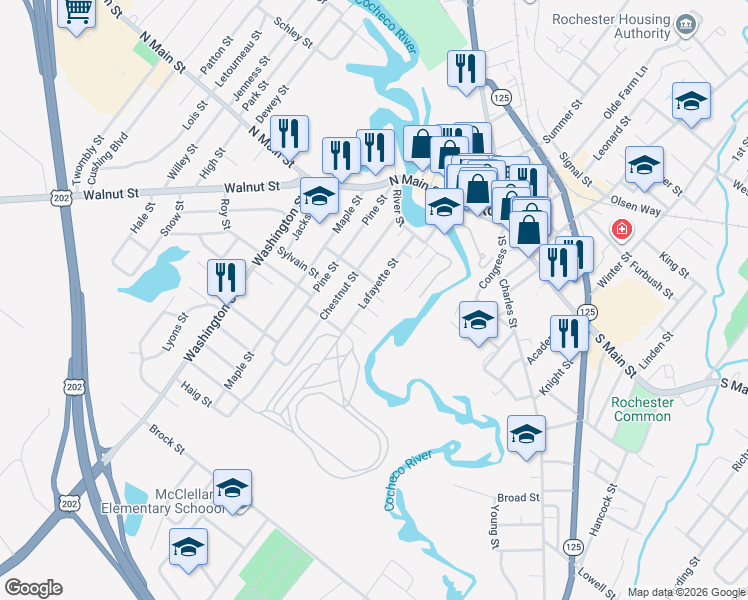map of restaurants, bars, coffee shops, grocery stores, and more near 44 Lafayette Street in Rochester