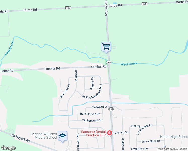 map of restaurants, bars, coffee shops, grocery stores, and more near 16 Rolling Meadows Drive North in Hilton