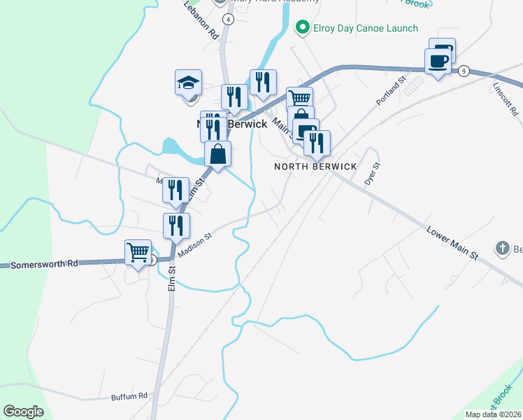map of restaurants, bars, coffee shops, grocery stores, and more near 67 Madison Street in North Berwick
