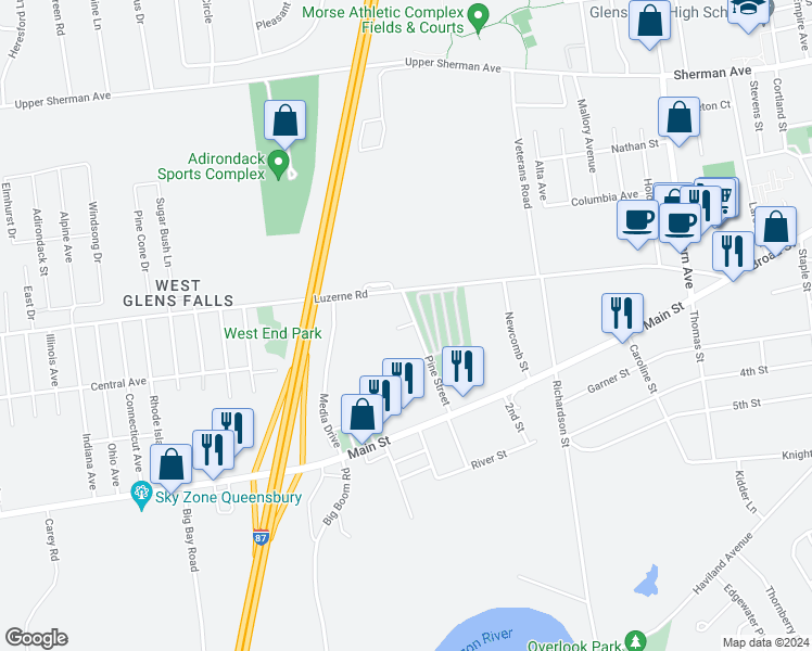 map of restaurants, bars, coffee shops, grocery stores, and more near Balsam Drive in West Glens Falls