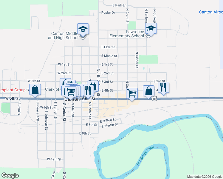 map of restaurants, bars, coffee shops, grocery stores, and more near 205 North Milwaukee Street in Canton