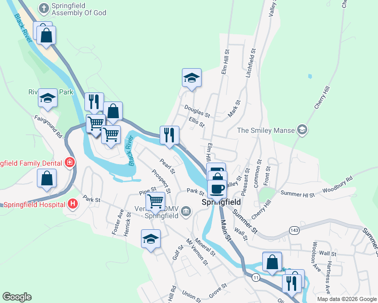 map of restaurants, bars, coffee shops, grocery stores, and more near 69 River St in Springfield