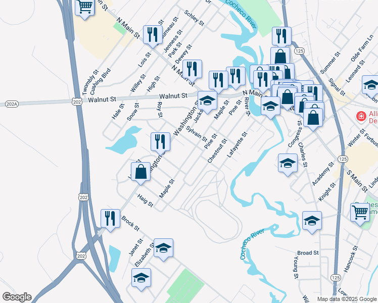map of restaurants, bars, coffee shops, grocery stores, and more near 69 Maple Street in Rochester