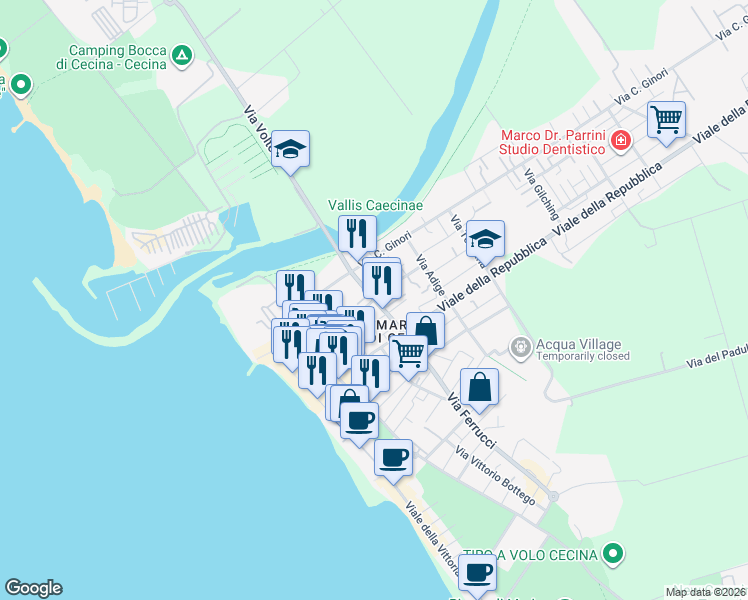 map of restaurants, bars, coffee shops, grocery stores, and more near 7 Via Sforza in Cecina