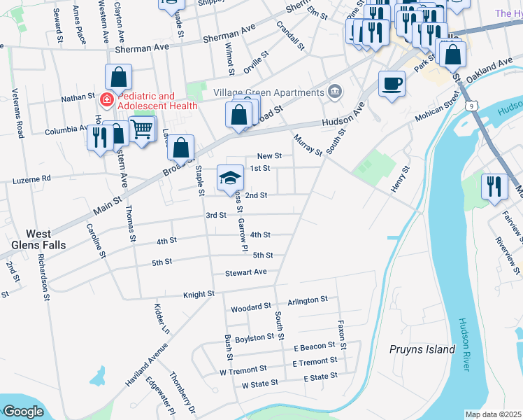 map of restaurants, bars, coffee shops, grocery stores, and more near 27 3rd Street in Glens Falls