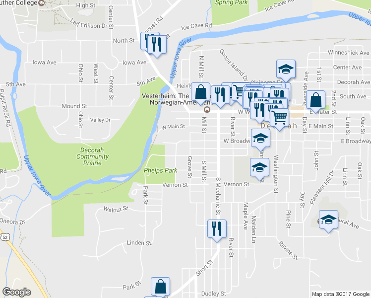 map of restaurants, bars, coffee shops, grocery stores, and more near 305 Grove Street in Decorah