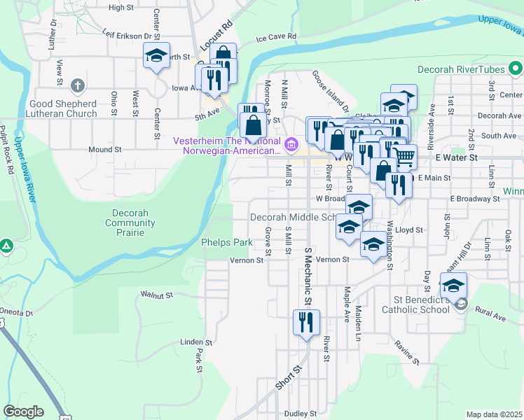 map of restaurants, bars, coffee shops, grocery stores, and more near 305 Grove Street in Decorah