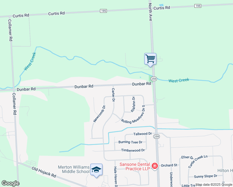 map of restaurants, bars, coffee shops, grocery stores, and more near 36 Rolling Meadow Circle in Hilton