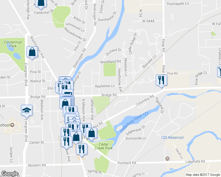 map of restaurants, bars, coffee shops, grocery stores, and more near N72W5819 Appletree Lane in Cedarburg