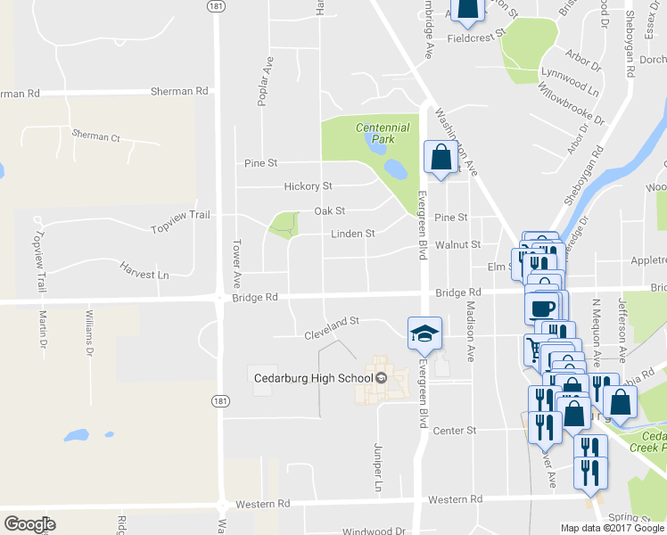 map of restaurants, bars, coffee shops, grocery stores, and more near N73W7159 Walnut Street in West Bend