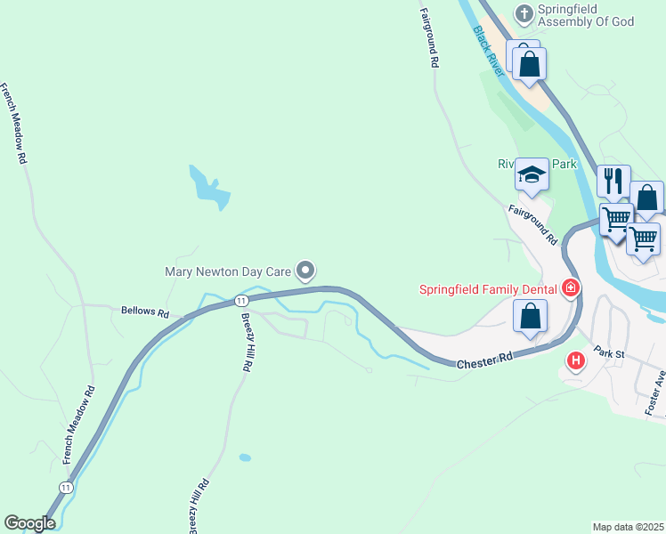 map of restaurants, bars, coffee shops, grocery stores, and more near 105 Chester Road in Windsor County