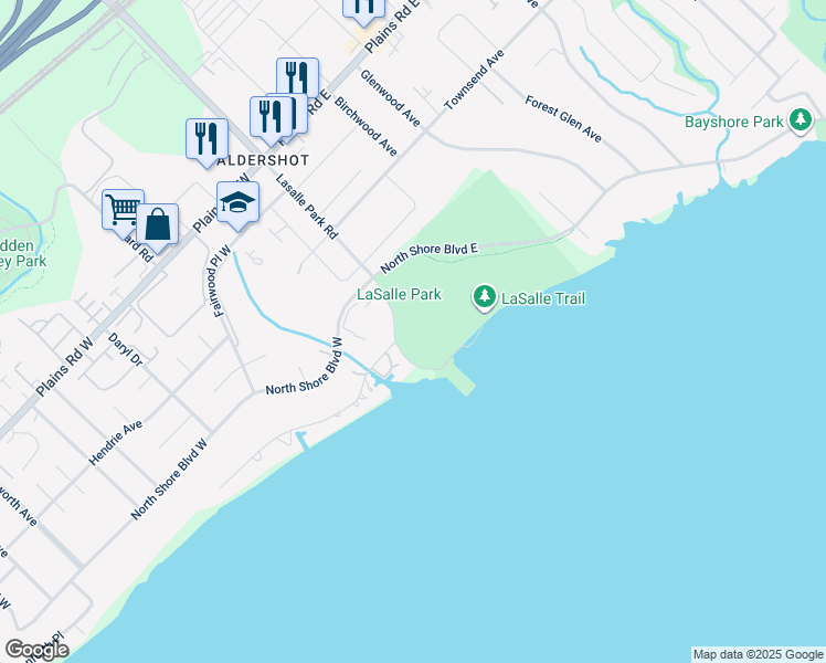 map of restaurants, bars, coffee shops, grocery stores, and more near 50 North Shore Boulevard East in Burlington