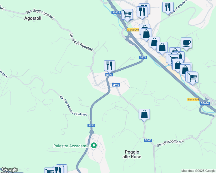 map of restaurants, bars, coffee shops, grocery stores, and more near 28 SS73 in Siena