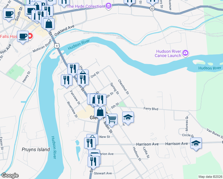 map of restaurants, bars, coffee shops, grocery stores, and more near 44 Spring St in South Glens Falls