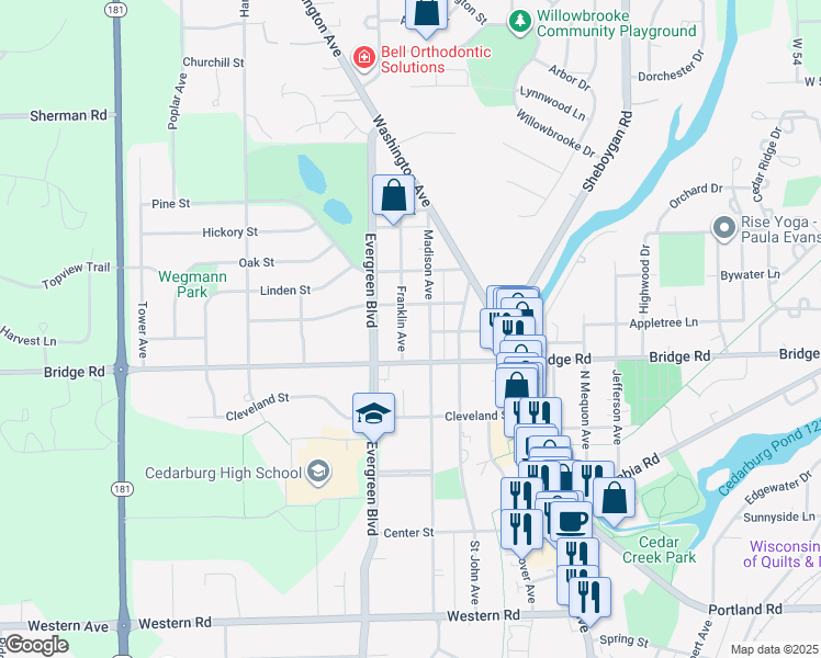 map of restaurants, bars, coffee shops, grocery stores, and more near W67N724 Franklin Avenue in Cedarburg