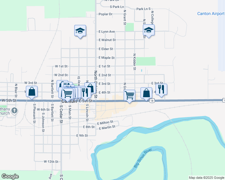 map of restaurants, bars, coffee shops, grocery stores, and more near 205 North Milwaukee Street in Canton