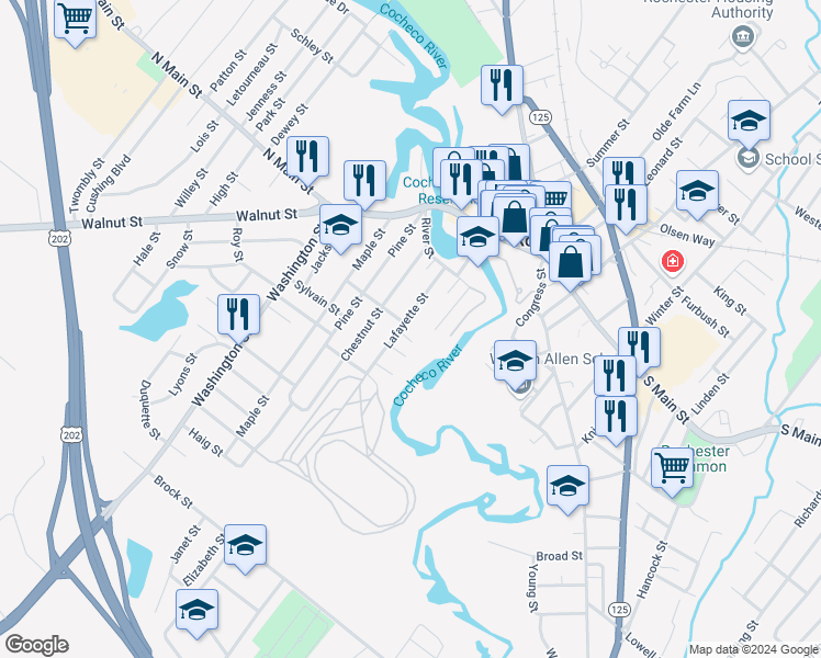 map of restaurants, bars, coffee shops, grocery stores, and more near 44 Lafayette Street in Rochester