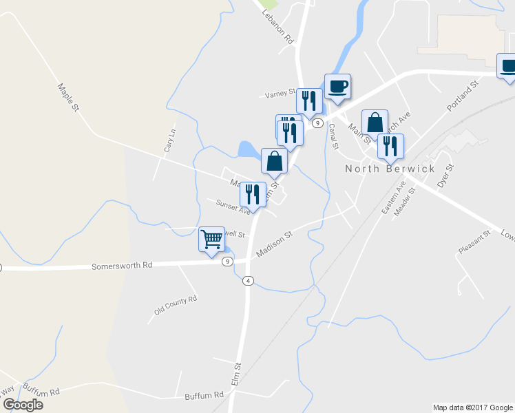 map of restaurants, bars, coffee shops, grocery stores, and more near 60 Elm Street in North Berwick