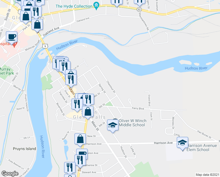 map of restaurants, bars, coffee shops, grocery stores, and more near 32 Chestnut Street in South Glens Falls