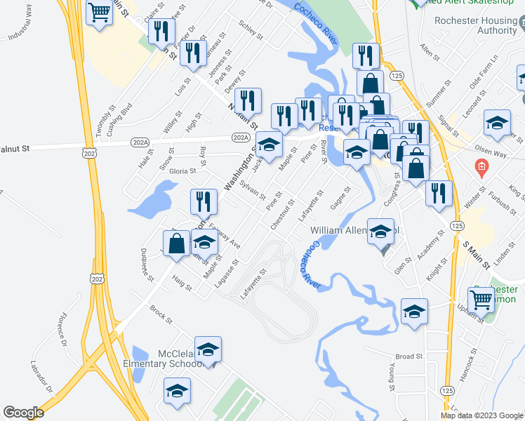 map of restaurants, bars, coffee shops, grocery stores, and more near 65 Pine Street in Rochester