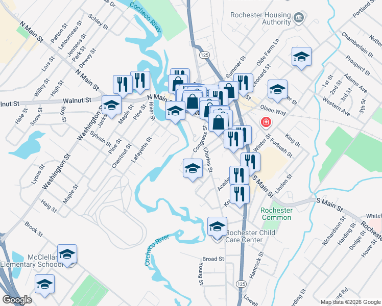 map of restaurants, bars, coffee shops, grocery stores, and more near 48 Congress Street in Rochester