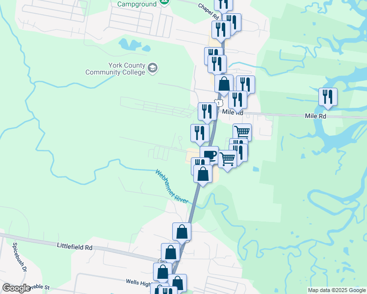map of restaurants, bars, coffee shops, grocery stores, and more near 47 Buzzell Road in Wells