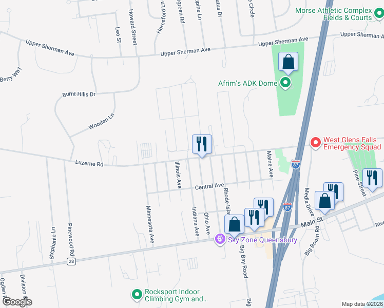 map of restaurants, bars, coffee shops, grocery stores, and more near 107 Adirondack Street in Queensbury