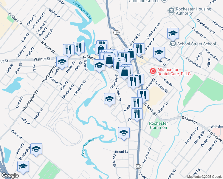 map of restaurants, bars, coffee shops, grocery stores, and more near 50 Congress Street in Rochester