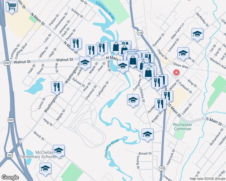 map of restaurants, bars, coffee shops, grocery stores, and more near 24 Gagne Street in Rochester