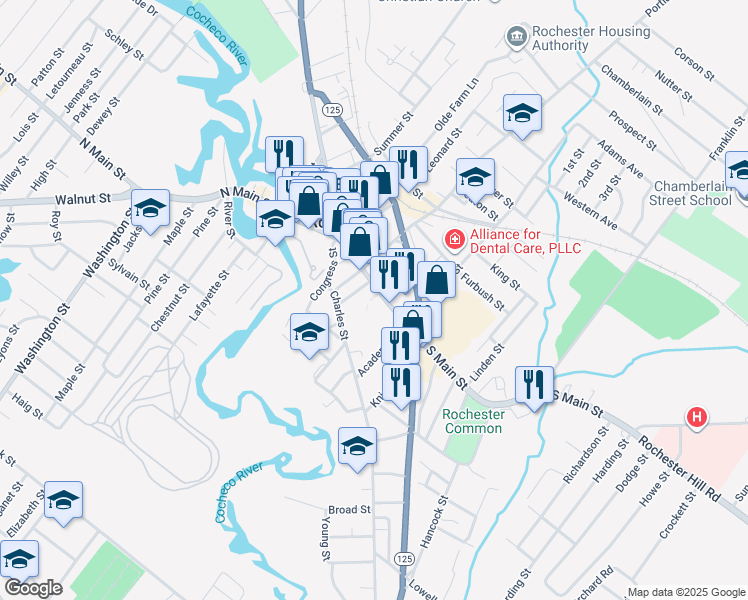 map of restaurants, bars, coffee shops, grocery stores, and more near 69 South Main Street in Rochester