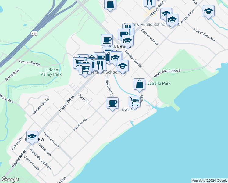 map of restaurants, bars, coffee shops, grocery stores, and more near 114 Fairwood Place West in Burlington