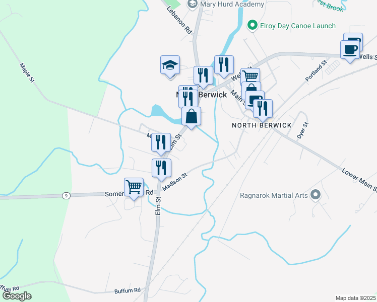 map of restaurants, bars, coffee shops, grocery stores, and more near 47 Elm Street in North Berwick