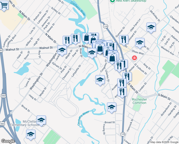map of restaurants, bars, coffee shops, grocery stores, and more near 9 Ela Court in Rochester